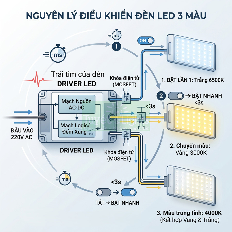 Sơ đồ nguyên lý driver điều khiển đèn LED 3 màu đổi trắng vàng trung tính bằng công tắc bật tắt nhanh
