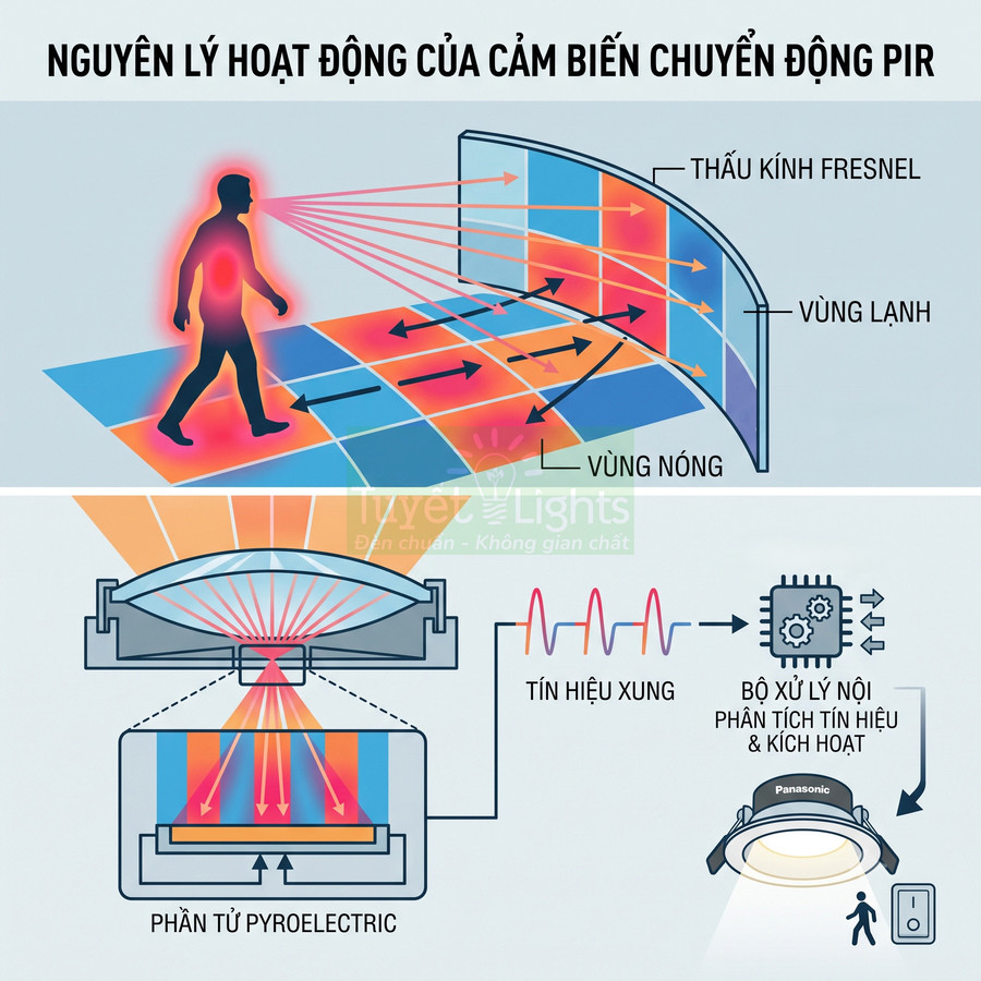 Sơ đồ nguyên lý hoạt động cảm biến chuyển động PIR Panasonic điều khiển đèn chiếu sáng tự động