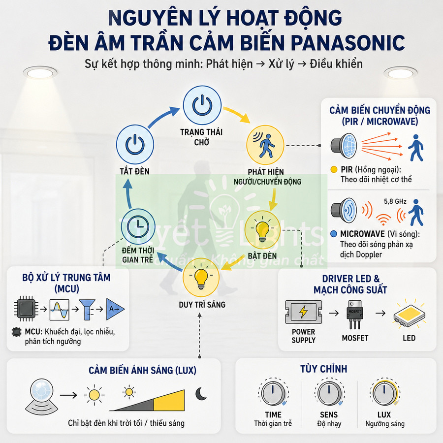 Sơ đồ nguyên lý hoạt động đèn âm trần cảm biến chuyển động Panasonic PIR và microwave