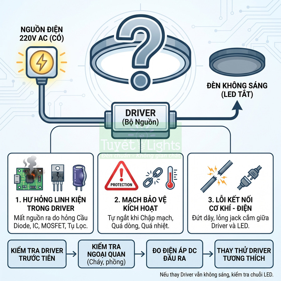 Sơ đồ nguyên nhân đèn LED trần không sáng do hỏng driver nguồn và lỗi kết nối điện của hệ thống Tuyết Lights