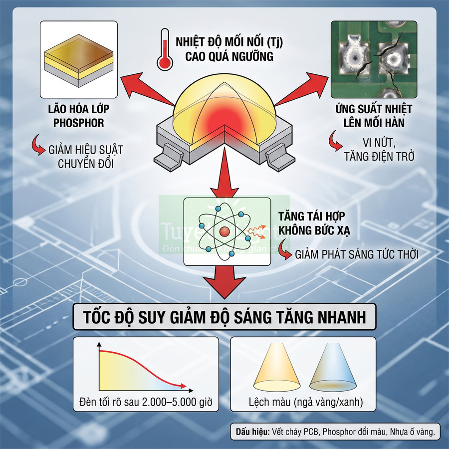 Sơ đồ nguyên nhân đèn LED suy giảm độ sáng nhanh do nhiệt độ mối nối cao và lão hóa lớp phosphor