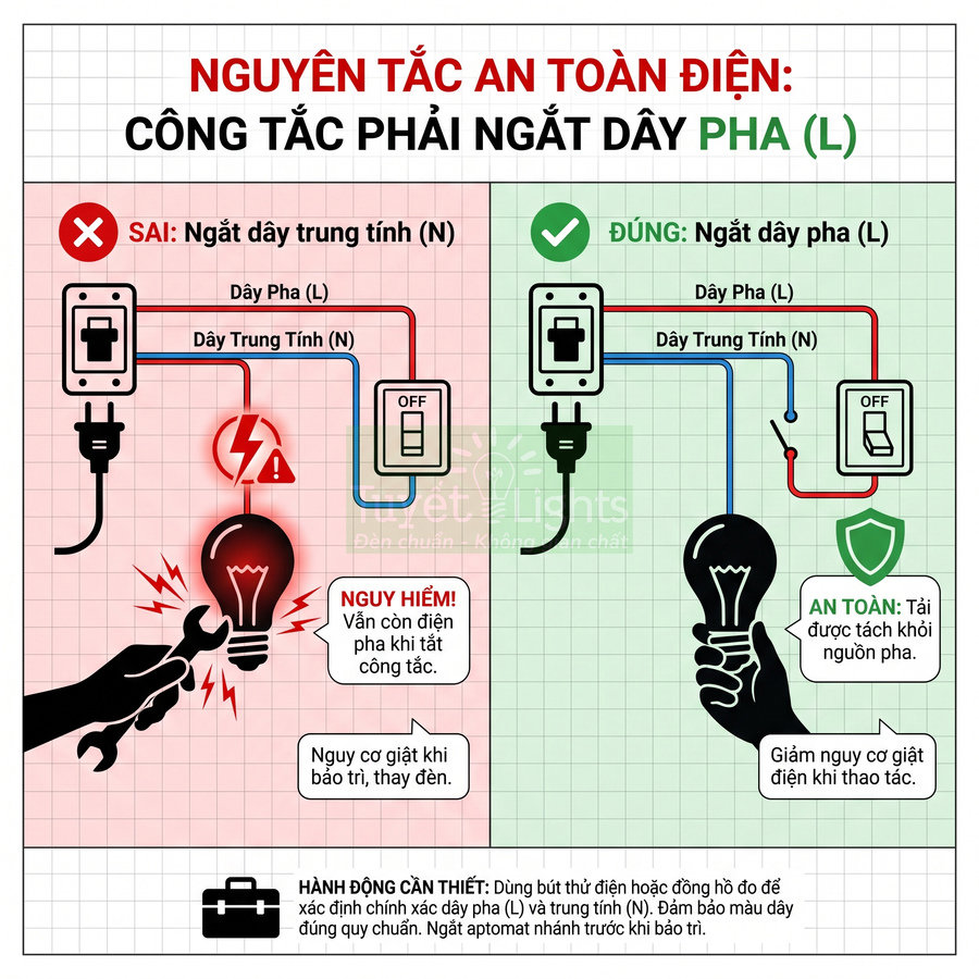 Sơ đồ nguyên tắc an toàn điện hướng dẫn đấu công tắc ngắt dây pha L để tránh nguy cơ giật điện khi thay bóng đèn