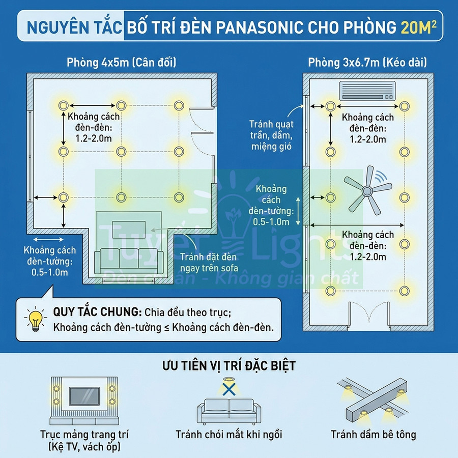 Sơ đồ nguyên tắc bố trí đèn Panasonic cho phòng 20m2 với khoảng cách đèn hợp lý