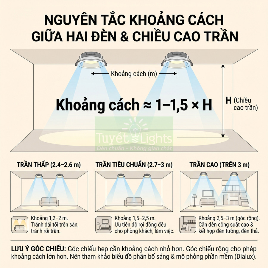 Nguyên tắc bố trí đèn âm trần Panasonic theo khoảng cách giữa hai đèn và chiều cao trần nhà