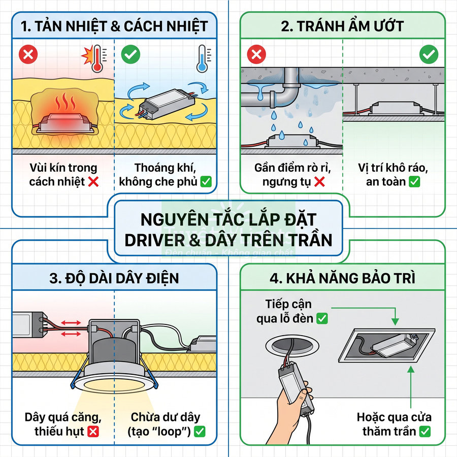Hướng dẫn lắp đặt driver và dây đèn âm trần đúng cách, tránh ẩm, đảm bảo tản nhiệt và dễ bảo trì