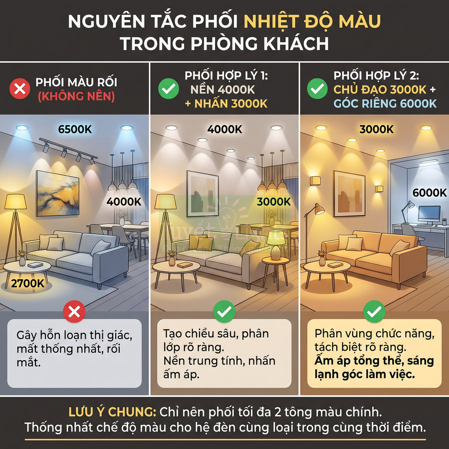 Minh họa nguyên tắc phối nhiệt độ màu đèn LED 2700K 4000K 6000K cho phòng khách hiện đại