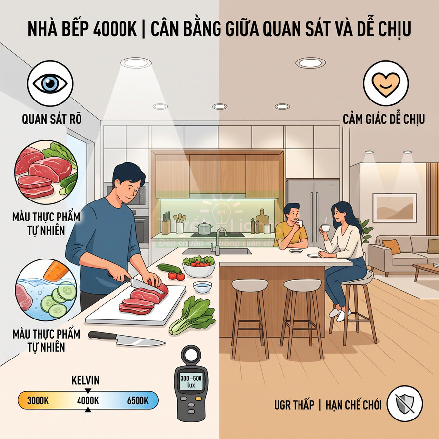 Đèn LED 4000K cho nhà bếp giúp quan sát rõ, màu thực phẩm tự nhiên và tạo không gian nấu ăn, trò chuyện dễ chịu