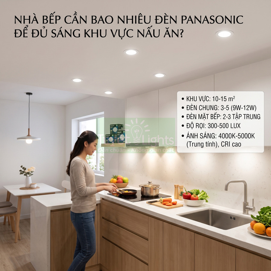 Nhà bếp hiện đại dùng đèn âm trần Panasonic chiếu sáng khu vực nấu ăn nơi người phụ nữ đang đứng nấu ăn