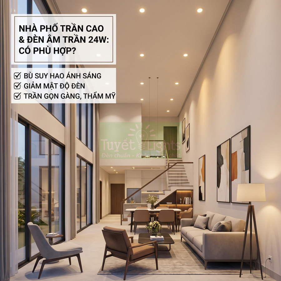 Phòng khách nhà phố trần cao sử dụng đèn âm trần LED 24W Tuyết Lights chiếu sáng hiện đại, thẩm mỹ