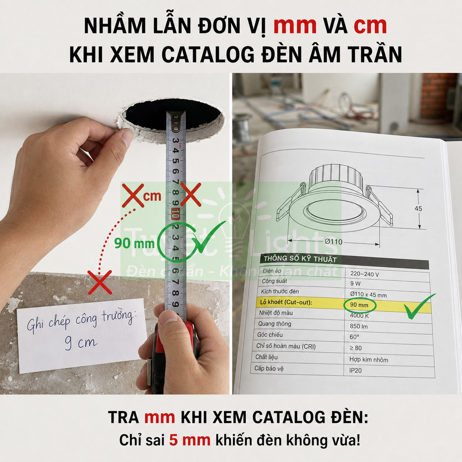 Hướng dẫn đo lỗ khoét đèn âm trần 90 mm bằng thước và đối chiếu thông số trên catalog