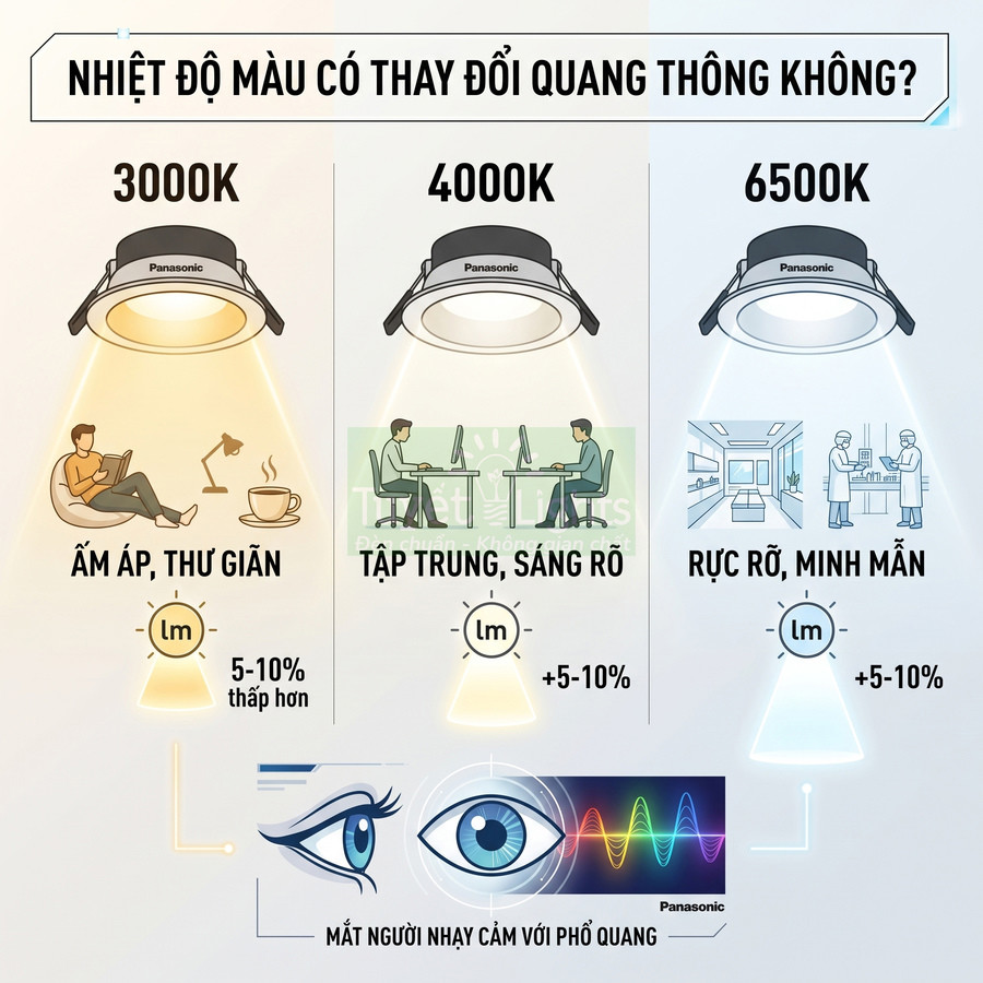 Đèn LED âm trần Panasonic với ba nhiệt độ màu 3000K 4000K 6500K cho các không gian và nhu cầu chiếu sáng khác nhau