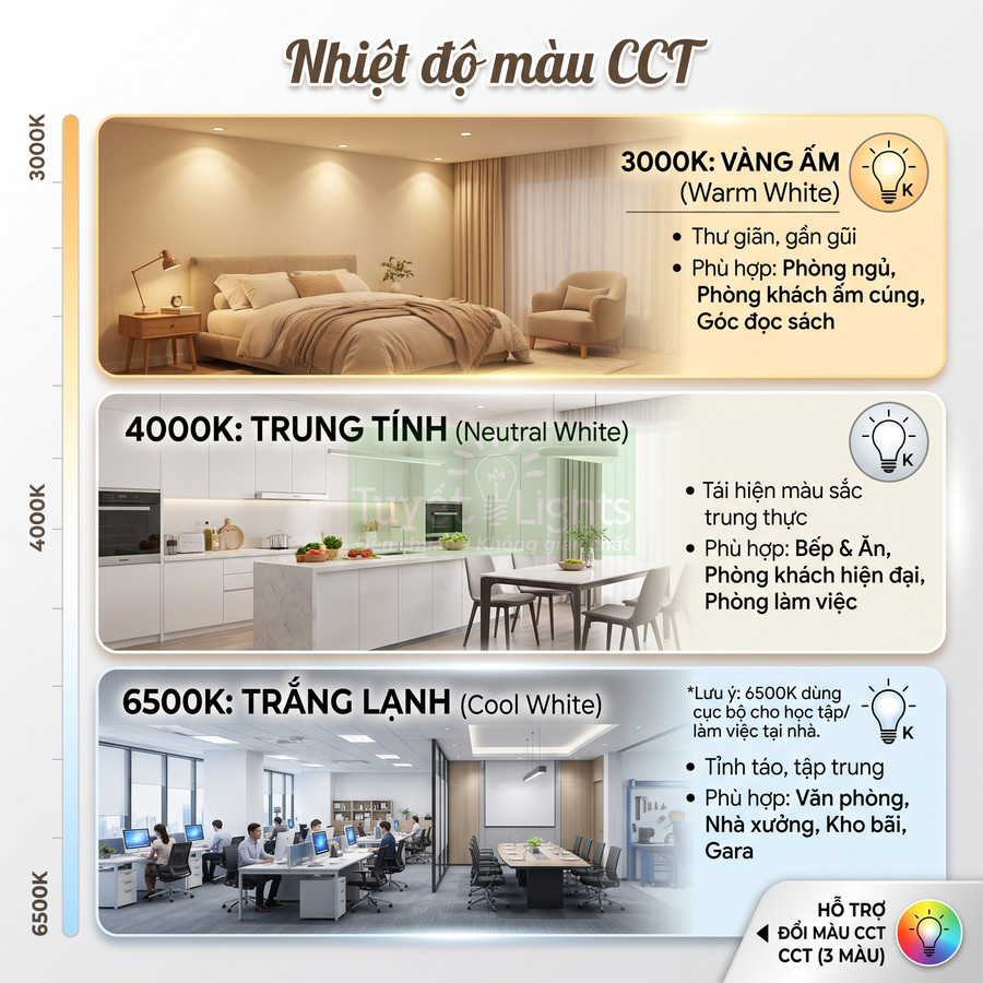 Bảng so sánh nhiệt độ màu đèn LED 3000K 4000K 6500K và gợi ý ứng dụng cho phòng ngủ bếp văn phòng