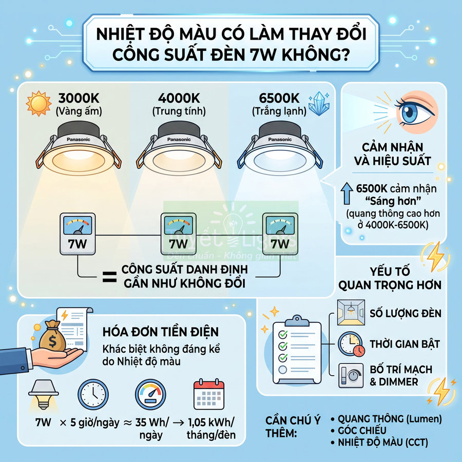 So sánh đèn LED âm trần Panasonic 7W với các nhiệt độ màu 3000K, 4000K, 6500K và ảnh hưởng đến hiệu suất