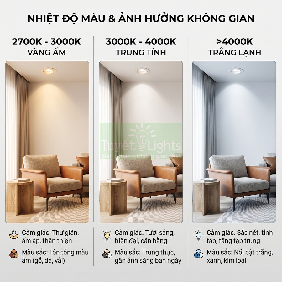 So sánh đèn âm trần Tuyết Lights với ba nhiệt độ màu 2700K 3000K 4000K và trên 4000K trong phòng khách