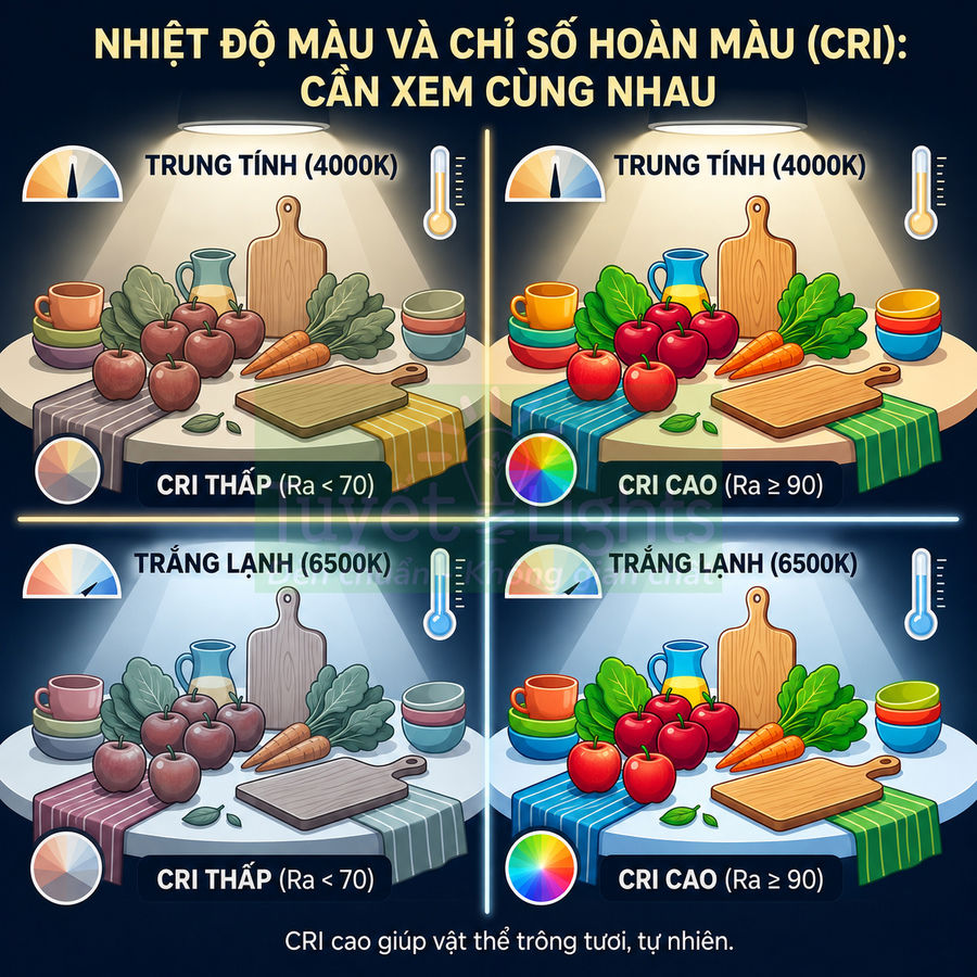 Minh họa so sánh nhiệt độ màu và chỉ số hoàn màu CRI cao thấp cho rau củ quả trên bàn ăn