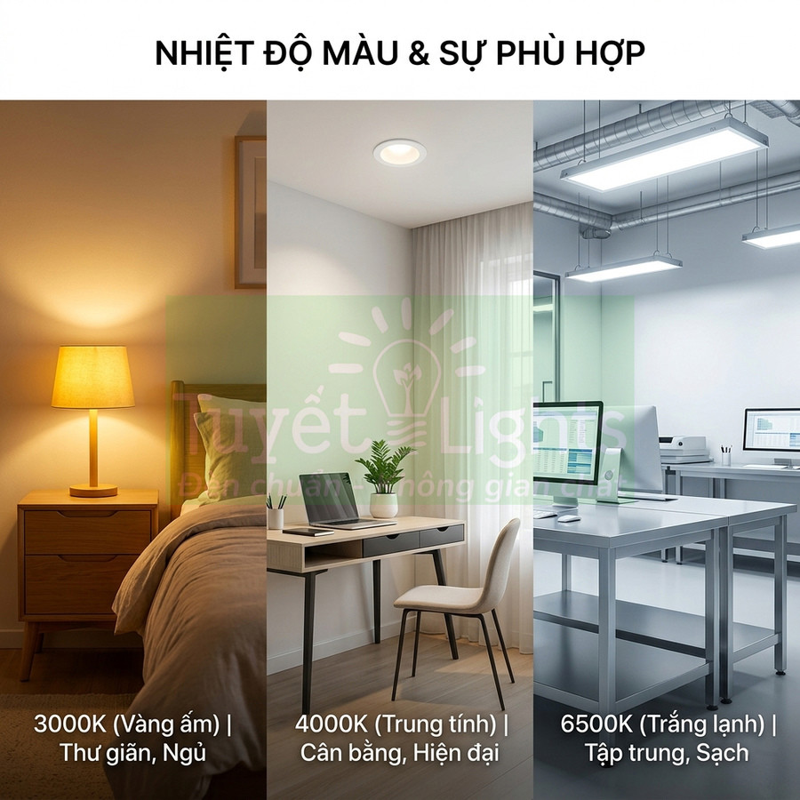 So sánh nhiệt độ màu đèn 3000K 4000K 6500K cho phòng ngủ bàn làm việc và văn phòng hiện đại