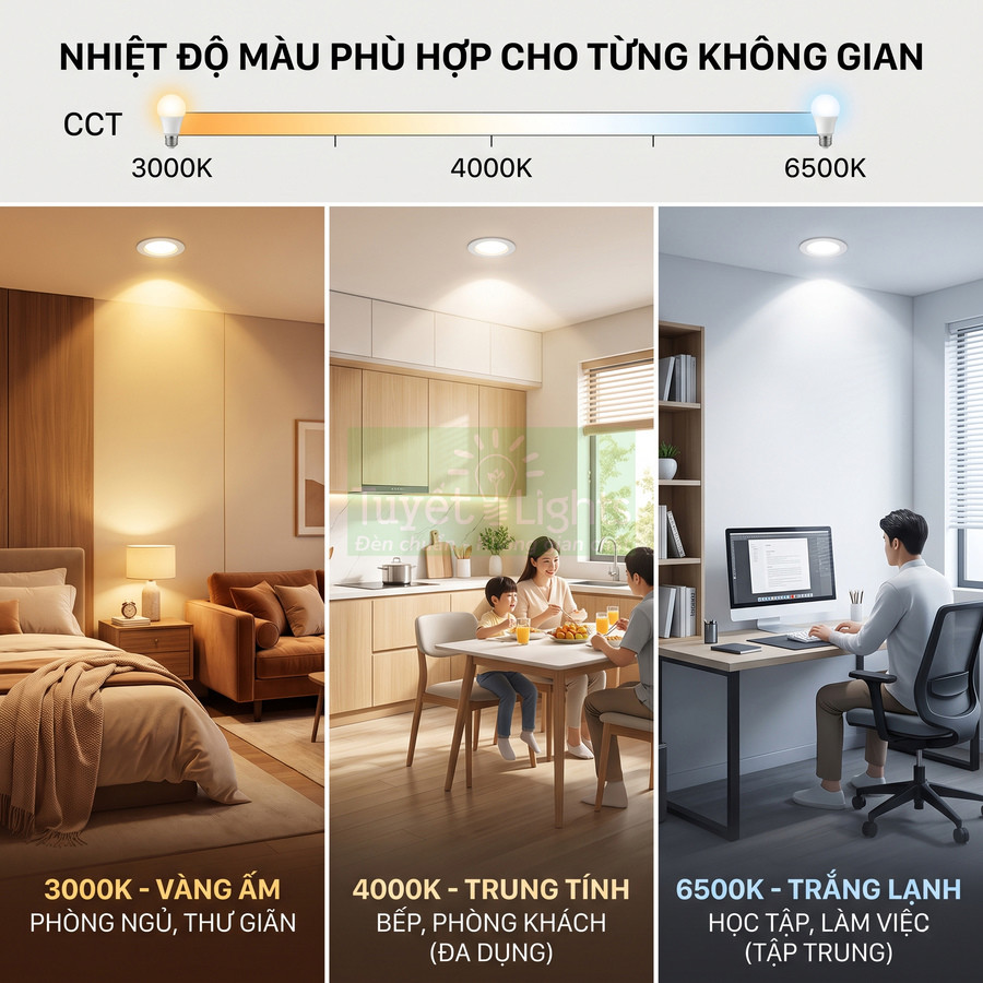 Đèn LED âm trần với ba mức nhiệt độ màu 3000K 4000K 6500K cho phòng ngủ bếp phòng khách và góc làm việc
