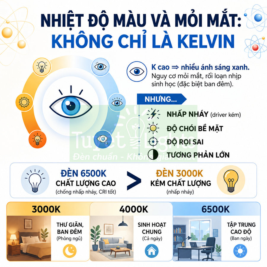 Infographic so sánh nhiệt độ màu 3000K 4000K 6500K và ảnh hưởng ánh sáng đèn LED đến mỏi mắt