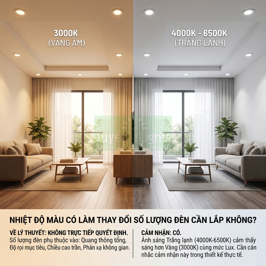 So sánh ánh sáng đèn âm trần 3000K vàng ấm và 4000K 6500K trắng lạnh trong phòng khách hiện đại
