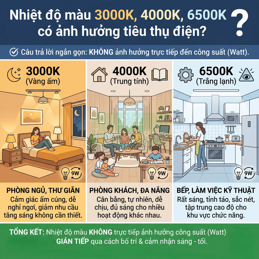 So sánh nhiệt độ màu đèn LED 3000K 4000K 6500K cho phòng ngủ phòng khách và bếp và ảnh hưởng đến cảm nhận ánh sáng