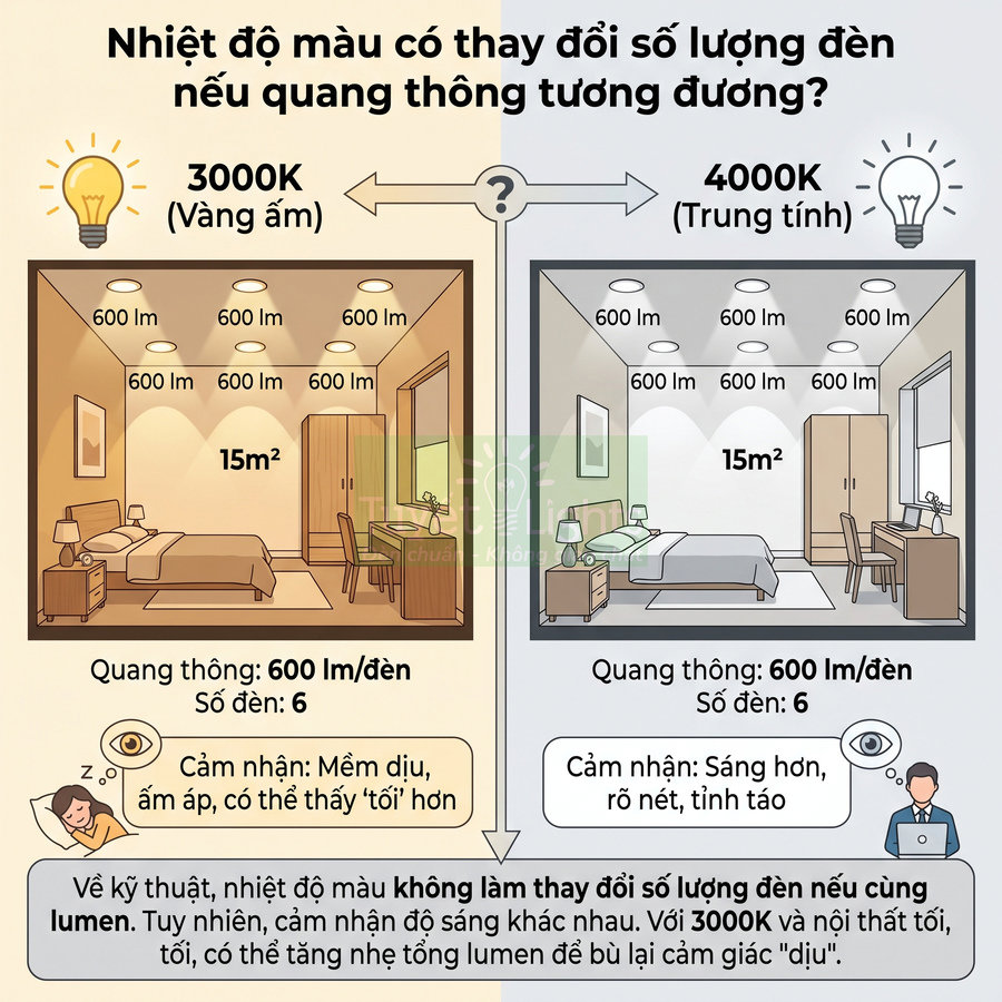 So sánh ánh sáng đèn LED 3000K vàng ấm và 4000K trung tính trong phòng ngủ 15m2 cùng 6 đèn 600 lumen