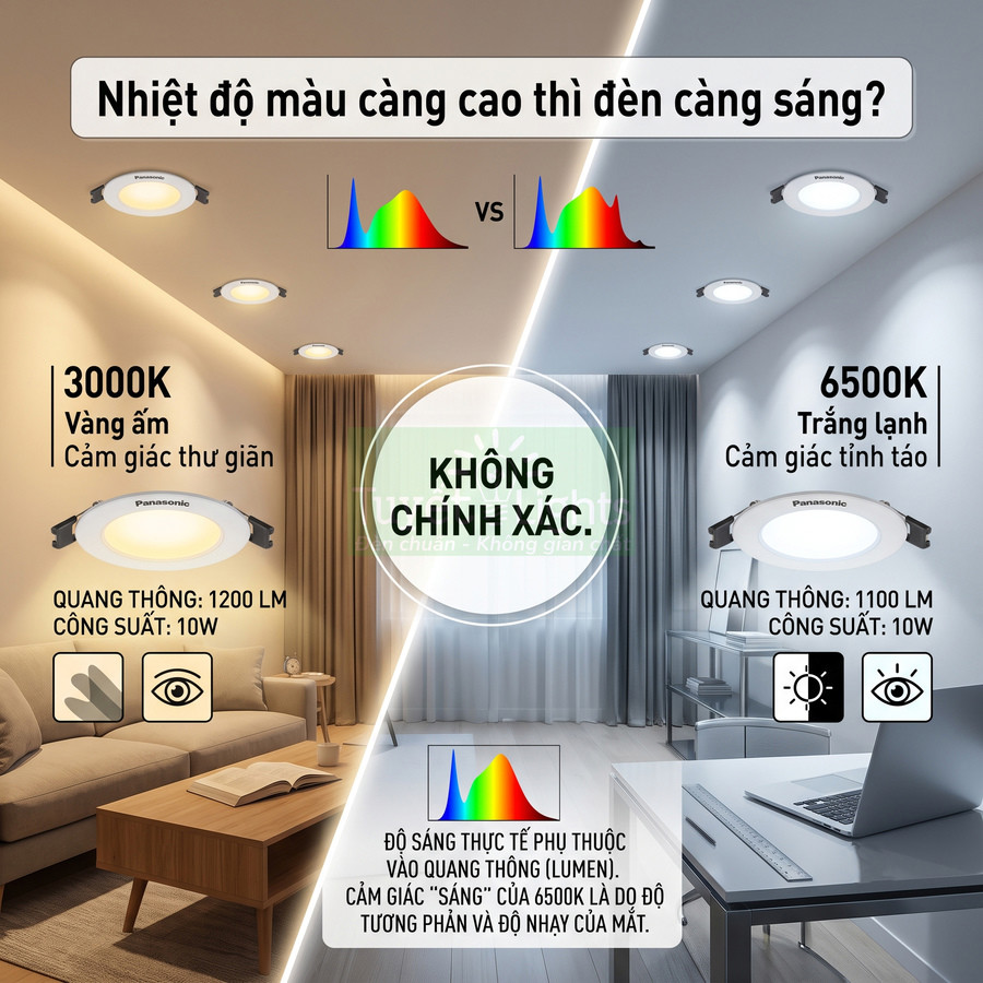 So sánh đèn LED âm trần Panasonic 3000K vàng ấm và 6500K trắng lạnh trong phòng khách và phòng làm việc