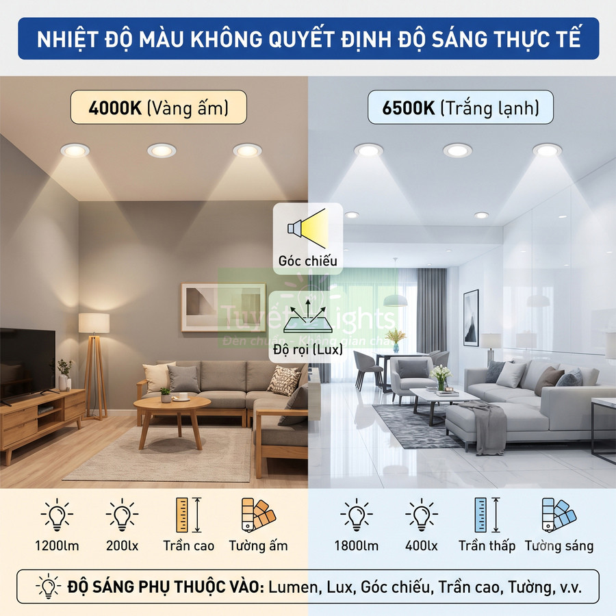 So sánh ánh sáng đèn âm trần 4000K vàng ấm và 6500K trắng lạnh trong phòng khách hiện đại