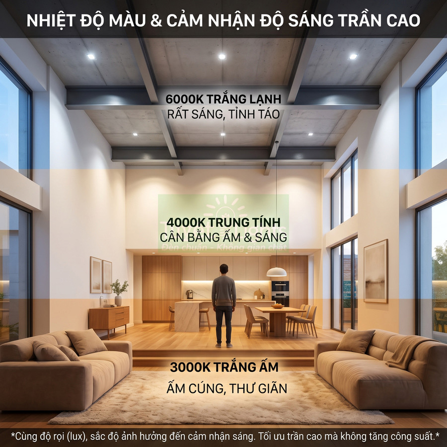 So sánh ánh sáng trần cao 3000K, 4000K, 6000K trong phòng khách bếp hiện đại với người đứng giữa phòng