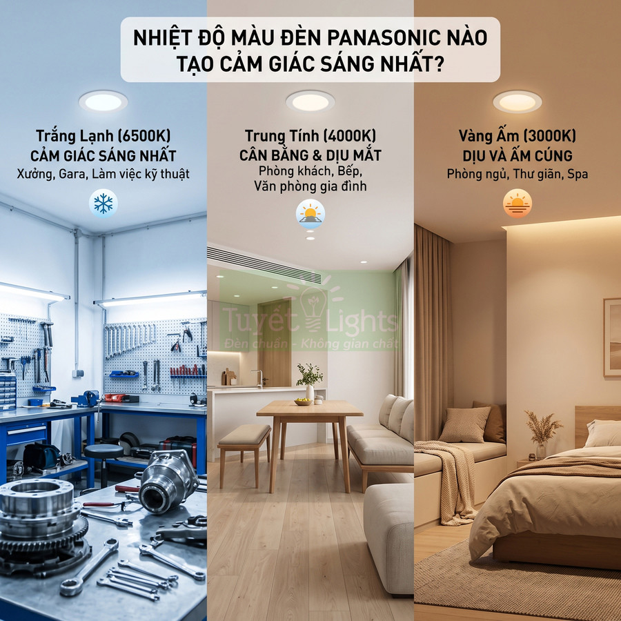So sánh ba nhiệt độ màu đèn âm trần Panasonic cho xưởng kỹ thuật, phòng khách và phòng ngủ