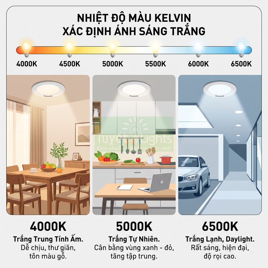 Đèn trần Panasonic với các mức nhiệt độ màu Kelvin 4000K 5000K 6500K cho phòng ăn bếp và gara ô tô