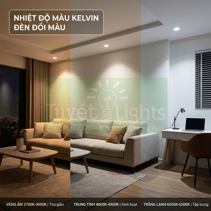 Đèn LED đổi màu Kelvin cho phòng khách, so sánh ánh sáng vàng ấm, trung tính và trắng lạnh