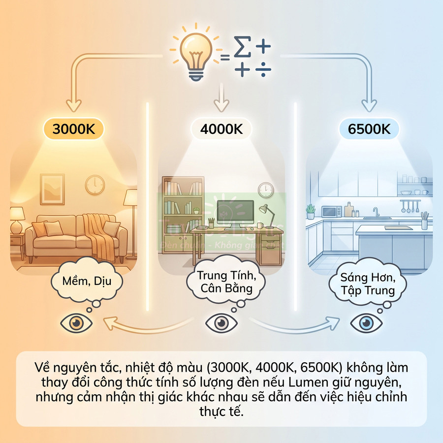 So sánh ánh sáng đèn LED 3000K 4000K 6500K cho phòng khách phòng làm việc và bếp