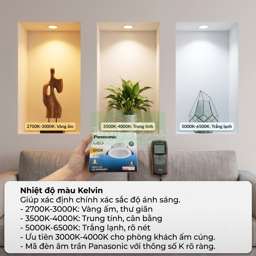 Đèn LED âm trần Panasonic 3000K minh họa các mức nhiệt độ màu Kelvin cho ánh sáng phòng khách