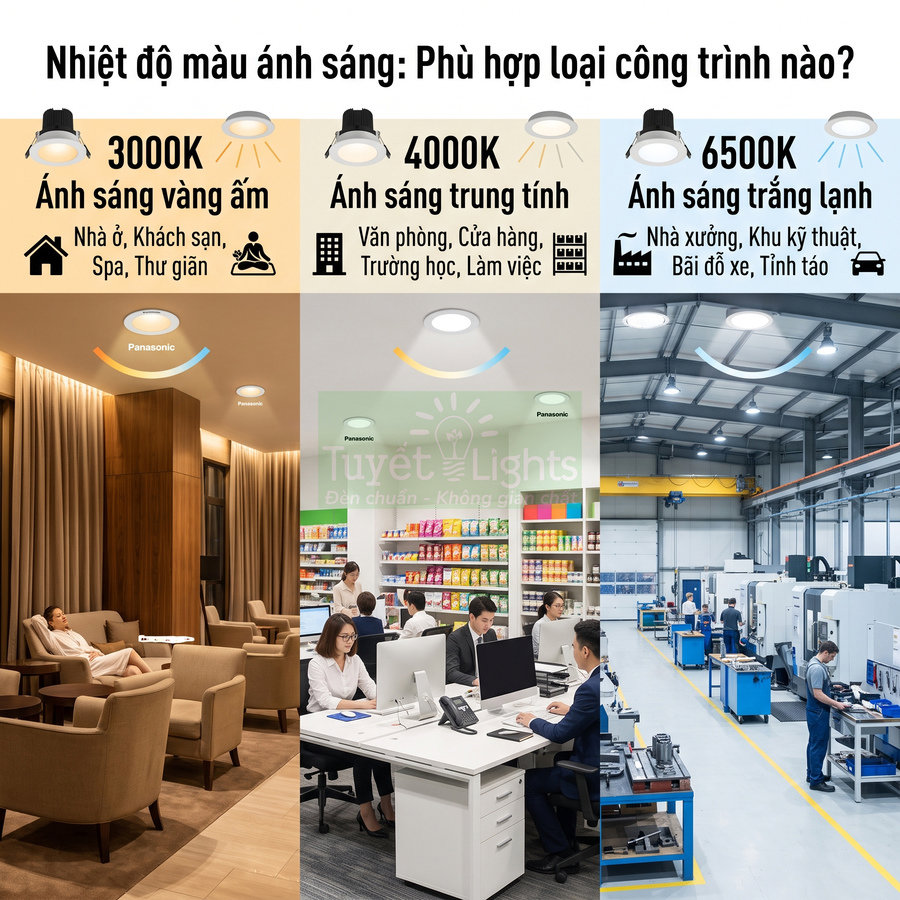 Đèn downlight Panasonic với ba nhiệt độ màu 3000K 4000K 6500K cho nhà ở văn phòng và nhà xưởng