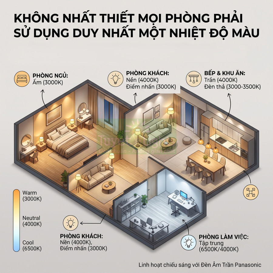 Sơ đồ căn hộ minh họa nhiệt độ màu đèn âm trần Panasonic cho phòng ngủ, phòng khách, bếp và phòng làm việc