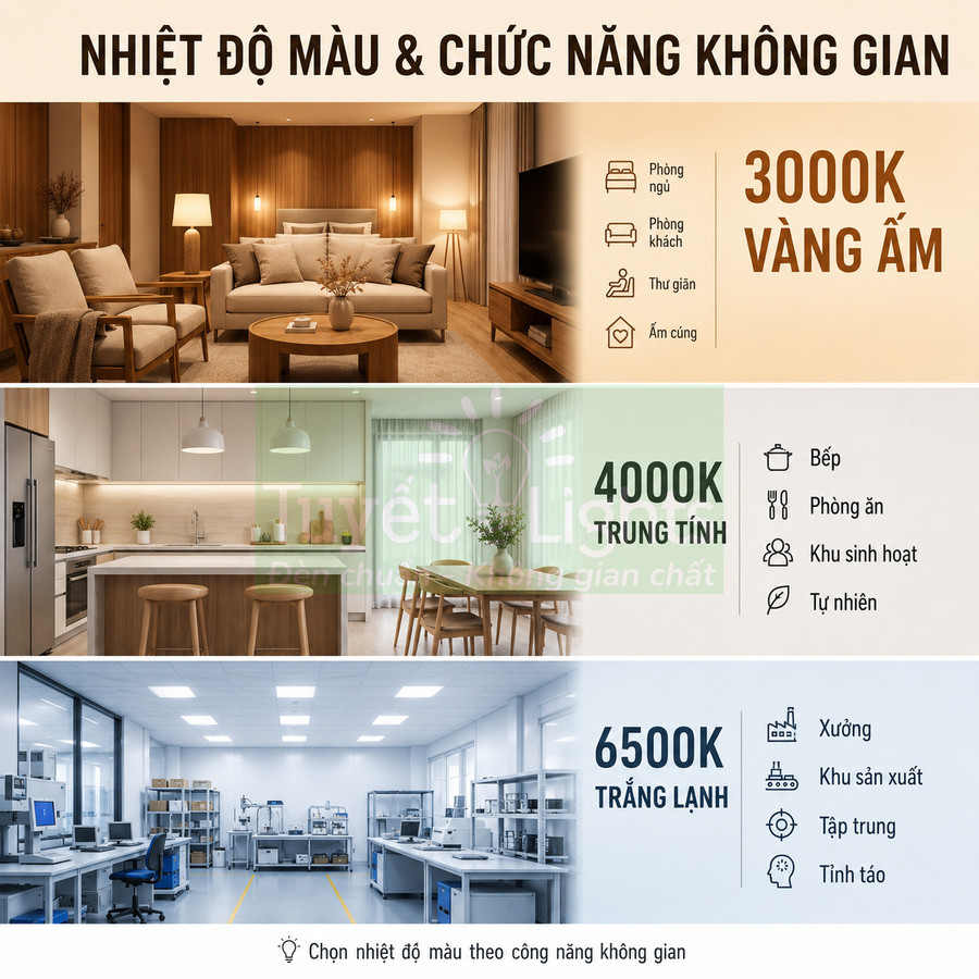 Bảng so sánh nhiệt độ màu đèn LED 3000K 4000K 6500K cho phòng khách bếp và xưởng sản xuất