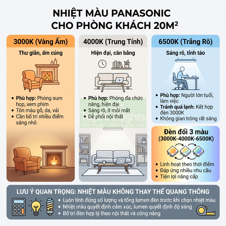 Infographic nhiệt màu đèn LED Panasonic cho phòng khách 20m2 với các mức 3000K 4000K 6500K và đèn đổi 3 màu