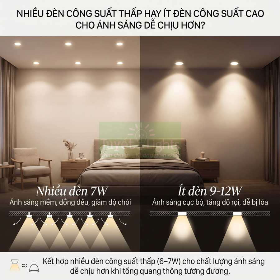 So sánh phòng ngủ dùng nhiều đèn âm trần 7W ánh sáng dịu với ít đèn âm trần 9 12W ánh sáng gắt