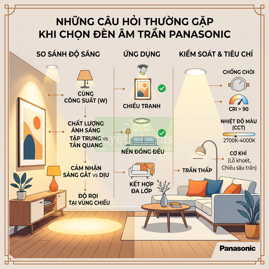 Hướng dẫn chọn đèn âm trần Panasonic cho phòng khách với minh họa so sánh độ sáng và ứng dụng chiếu sáng