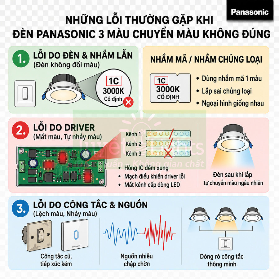 Infographic lỗi thường gặp khi đèn âm trần Panasonic 3 màu chuyển màu sai và cách nhận biết nguyên nhân