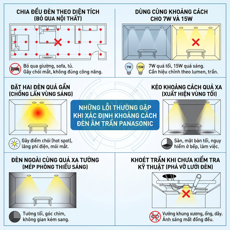 Infographic lỗi thường gặp khi lắp đặt và xác định khoảng cách đèn âm trần Panasonic trong phòng