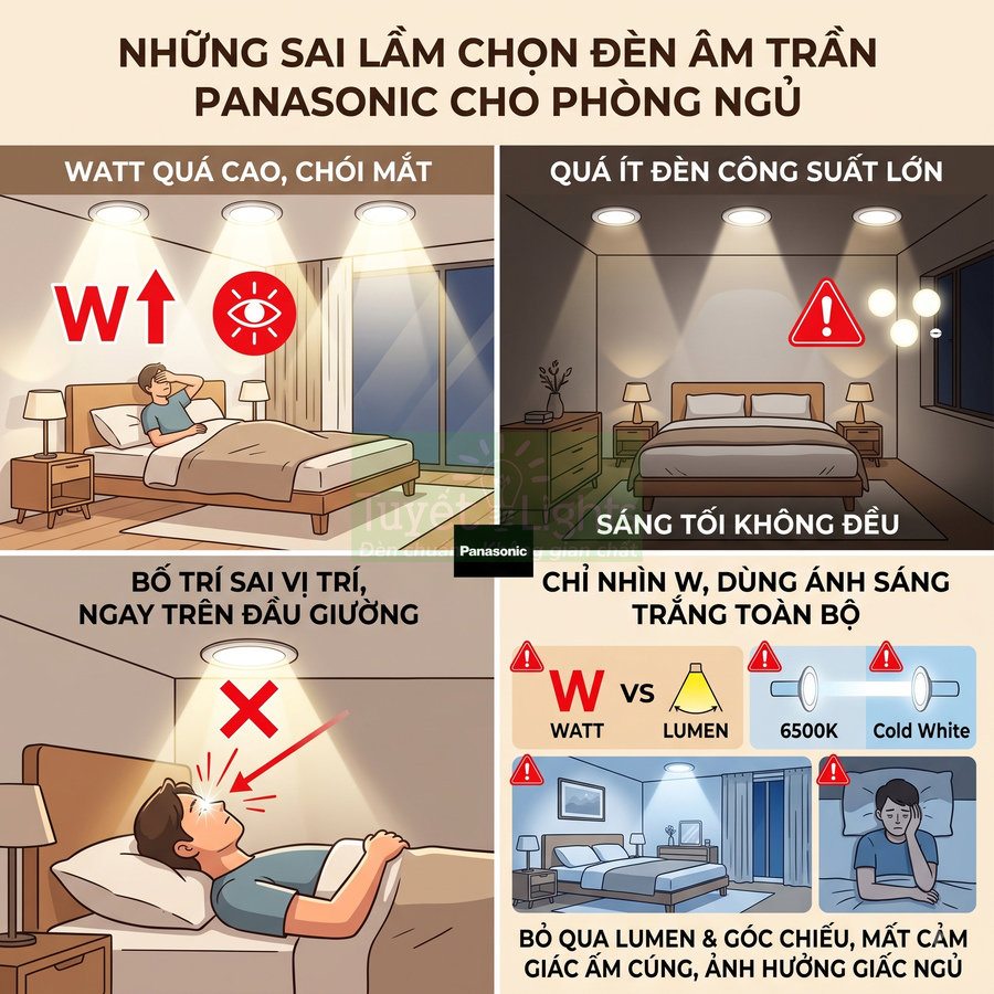 Những sai lầm khi chọn đèn âm trần Panasonic cho phòng ngủ, minh họa các cách bố trí và công suất đèn không phù hợp