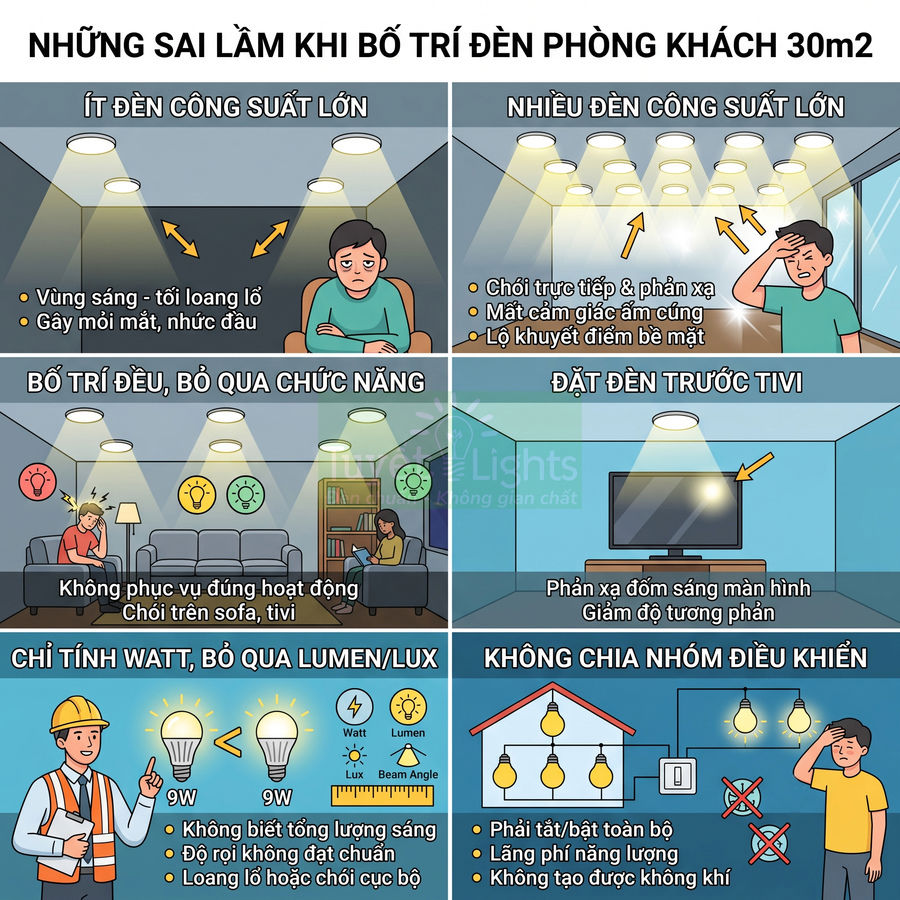 Minh họa các sai lầm khi bố trí đèn chiếu sáng phòng khách 30m2 với nhiều kiểu lắp đèn khác nhau