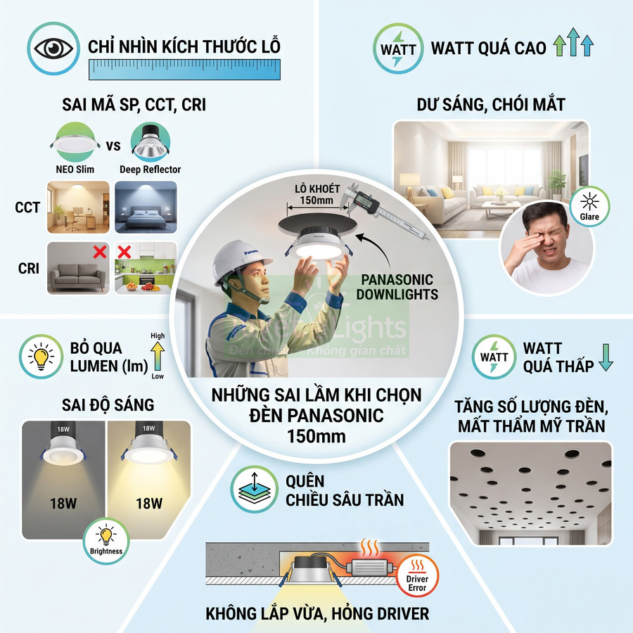 Những sai lầm khi chọn đèn downlight Panasonic 150mm và hướng dẫn chọn công suất, độ sáng, lắp đặt đúng