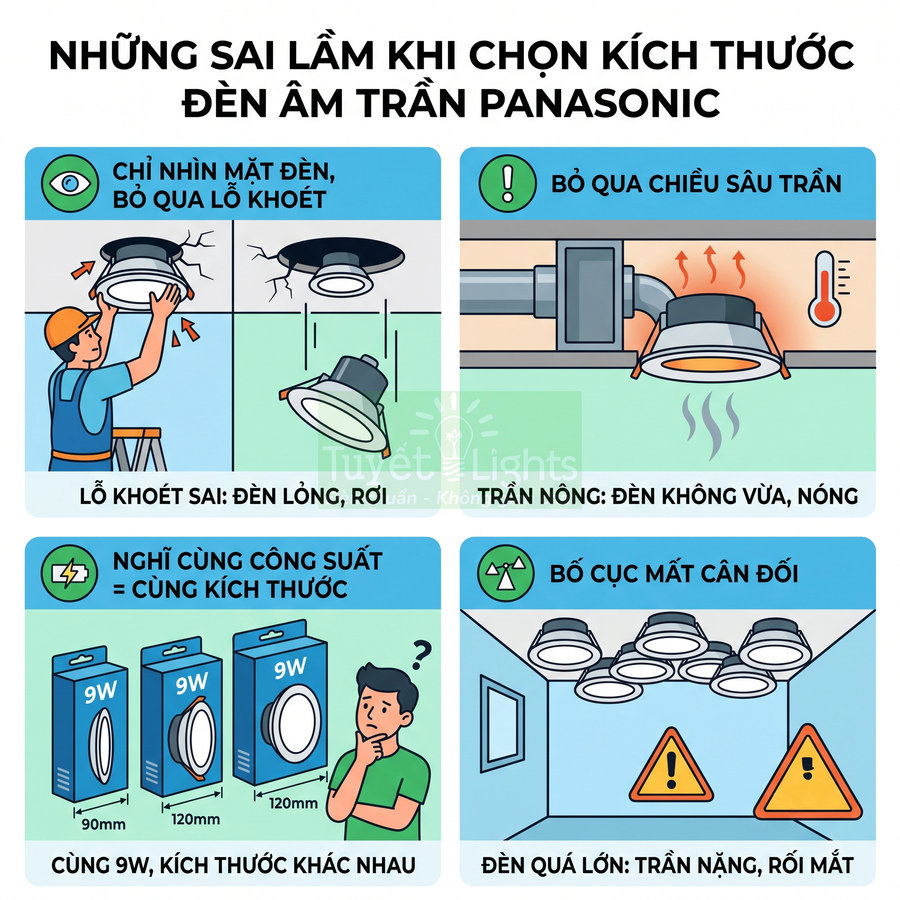 Minh họa các sai lầm khi chọn kích thước đèn âm trần Panasonic cho trần nhà nội thất
