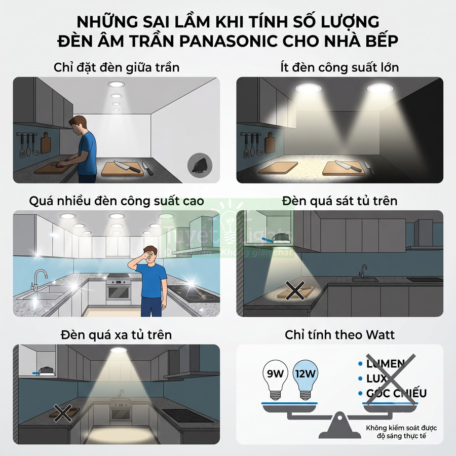 Các sai lầm khi bố trí đèn âm trần Panasonic trong nhà bếp như đặt sai vị trí và chọn sai công suất