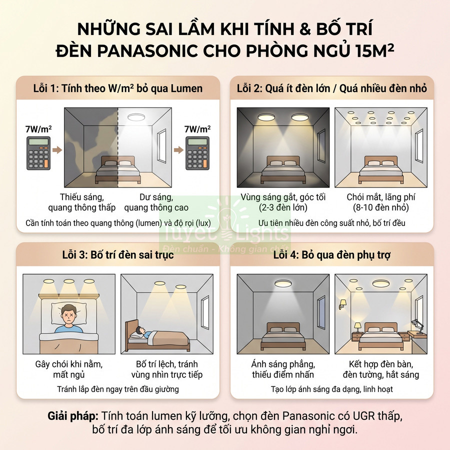 Infographic những sai lầm khi tính và bố trí đèn Panasonic cho phòng ngủ 15m2 và cách chọn đèn phù hợp