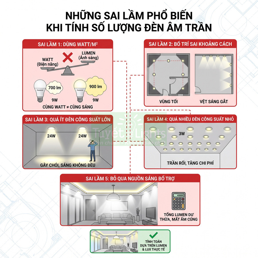 Infographic những sai lầm phổ biến khi tính số lượng đèn âm trần và cách bố trí đèn chiếu sáng hợp lý