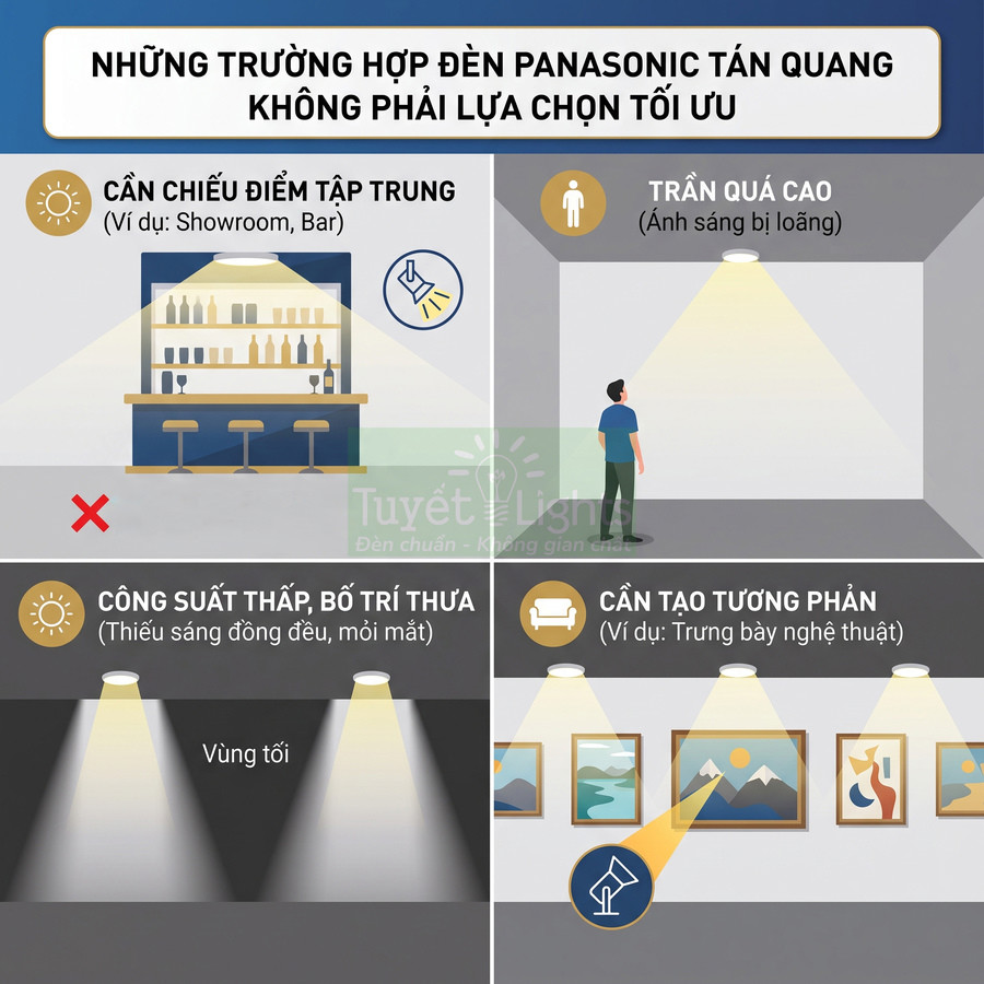 Infographic các trường hợp đèn Panasonic tán quang không phù hợp như trần cao, cần chiếu điểm, công suất thấp, cần tạo tương phản