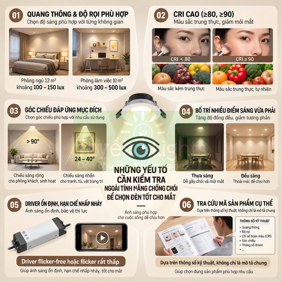 Infographic hướng dẫn chọn đèn EyeLights tốt cho mắt với các tiêu chí quang thông, CRI, góc chiếu và bố trí ánh sáng